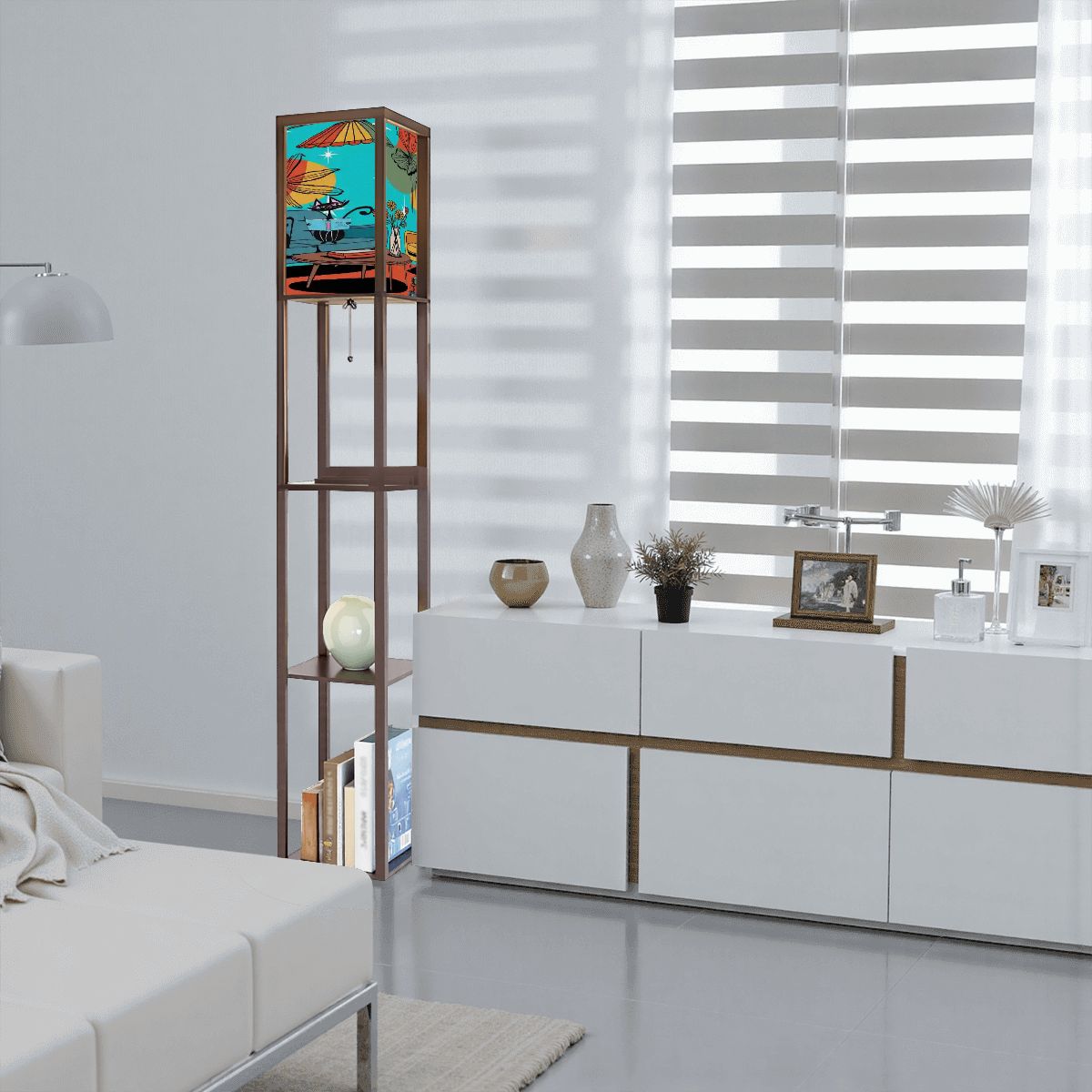 Kate McEnroe New York Retro Mid Century Modern Floor Lamp Shelf, Atomic Cat Lounge Book Scene, Starburst Floral Light TowerShelf Lighting4TJLt2z5ex
