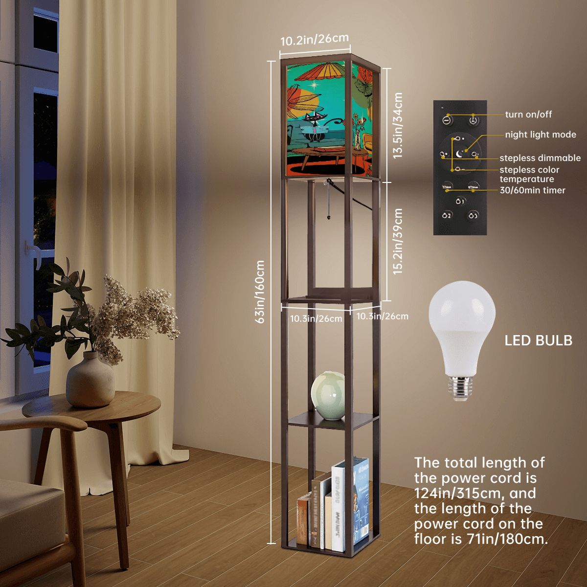 Kate McEnroe New York Retro Mid Century Modern Floor Lamp Shelf, Atomic Cat Lounge Book Scene, Starburst Floral Light TowerShelf Lighting4TJLt2z5ex