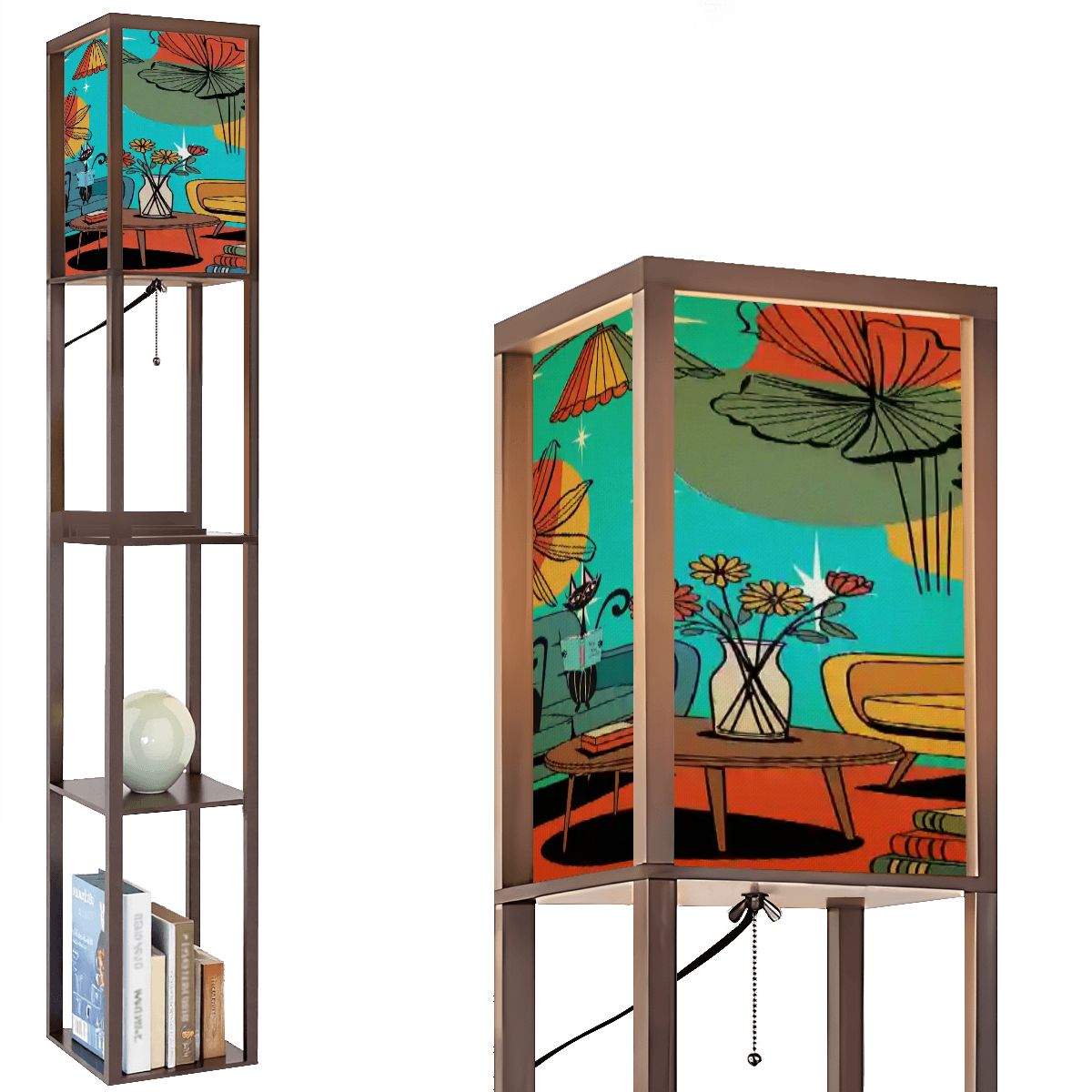 Kate McEnroe New York Retro Mid Century Modern Floor Lamp Shelf, Atomic Cat Lounge Book Scene, Starburst Floral Light TowerShelf Lighting4TJLt2z5ex