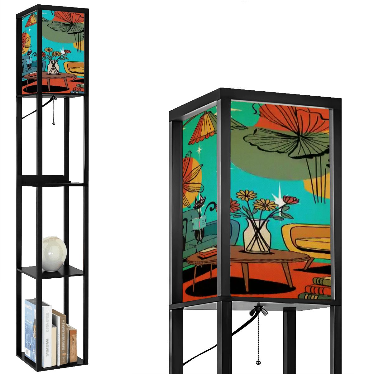 Kate McEnroe New York Retro Mid Century Modern Floor Lamp Shelf, Atomic Cat Lounge Book Scene, Starburst Floral Light TowerShelf LightinghbencAkwha