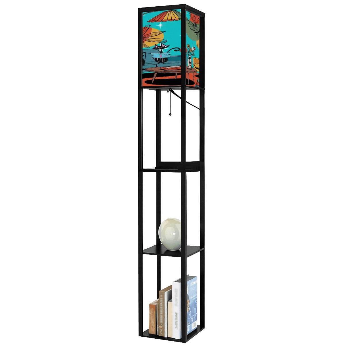 Kate McEnroe New York Retro Mid Century Modern Floor Lamp Shelf, Atomic Cat Lounge Book Scene, Starburst Floral Light TowerShelf LightinghbencAkwha