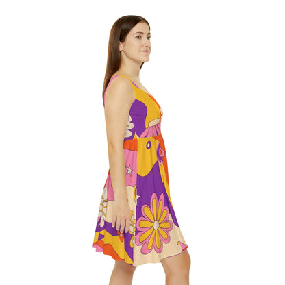 Kate McEnroe New York Retro Mid Century Modern Flower Power Skater Dress in Shades of Beige, Burnt Orange, Mustard Yellow, Purple, PinkDresses10322600403798641003