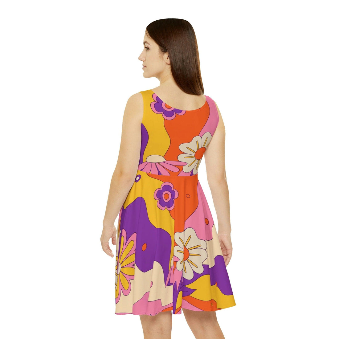 Kate McEnroe New York Retro Mid Century Modern Flower Power Skater Dress in Shades of Beige, Burnt Orange, Mustard Yellow, Purple, PinkDresses21474881676877458734