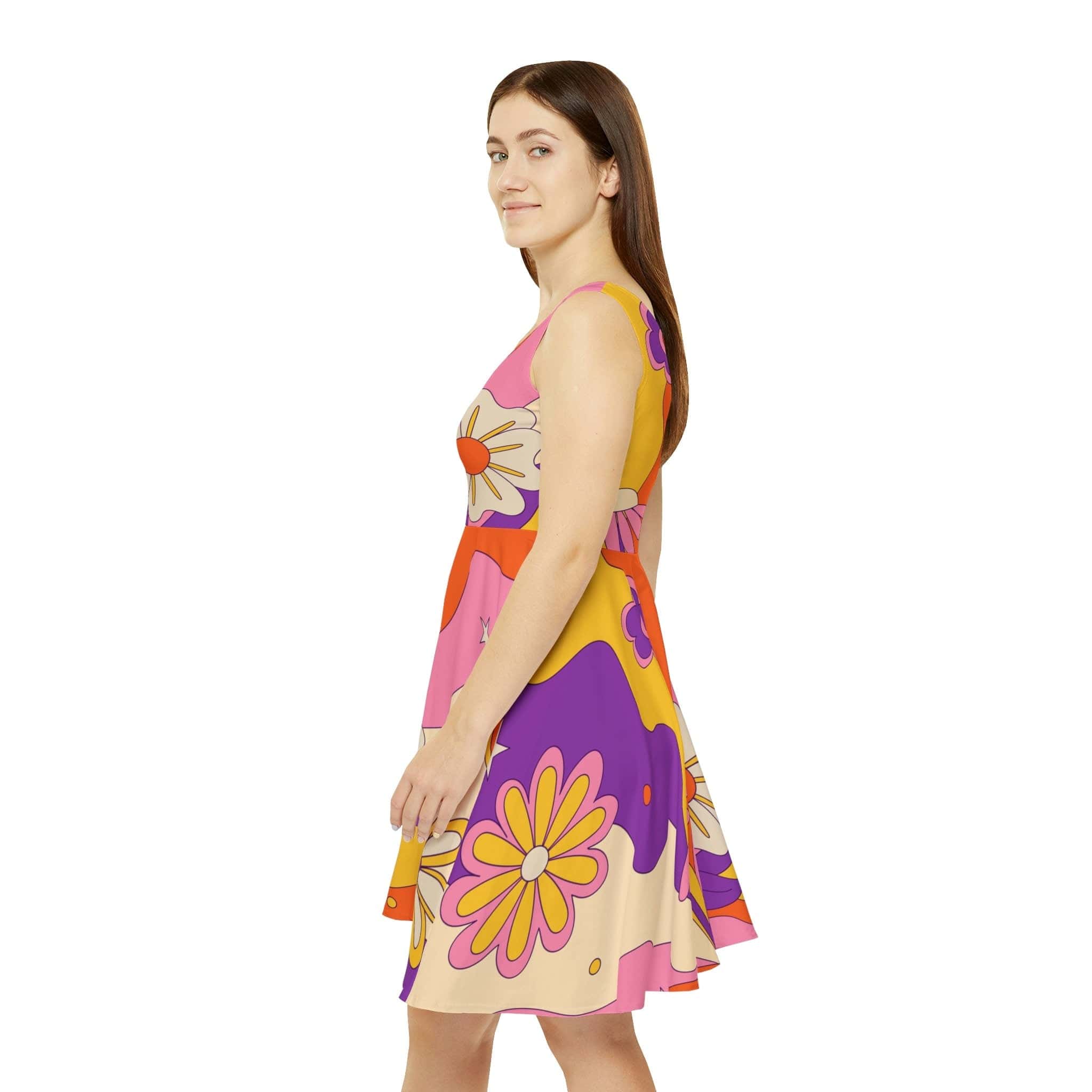 Kate McEnroe New York Retro Mid Century Modern Flower Power Skater Dress in Shades of Beige, Burnt Orange, Mustard Yellow, Purple, PinkDresses24809219195907777729