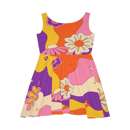 Kate McEnroe New York Retro Mid Century Modern Flower Power Skater Dress in Shades of Beige, Burnt Orange, Mustard Yellow, Purple, PinkDresses25332627008736256538