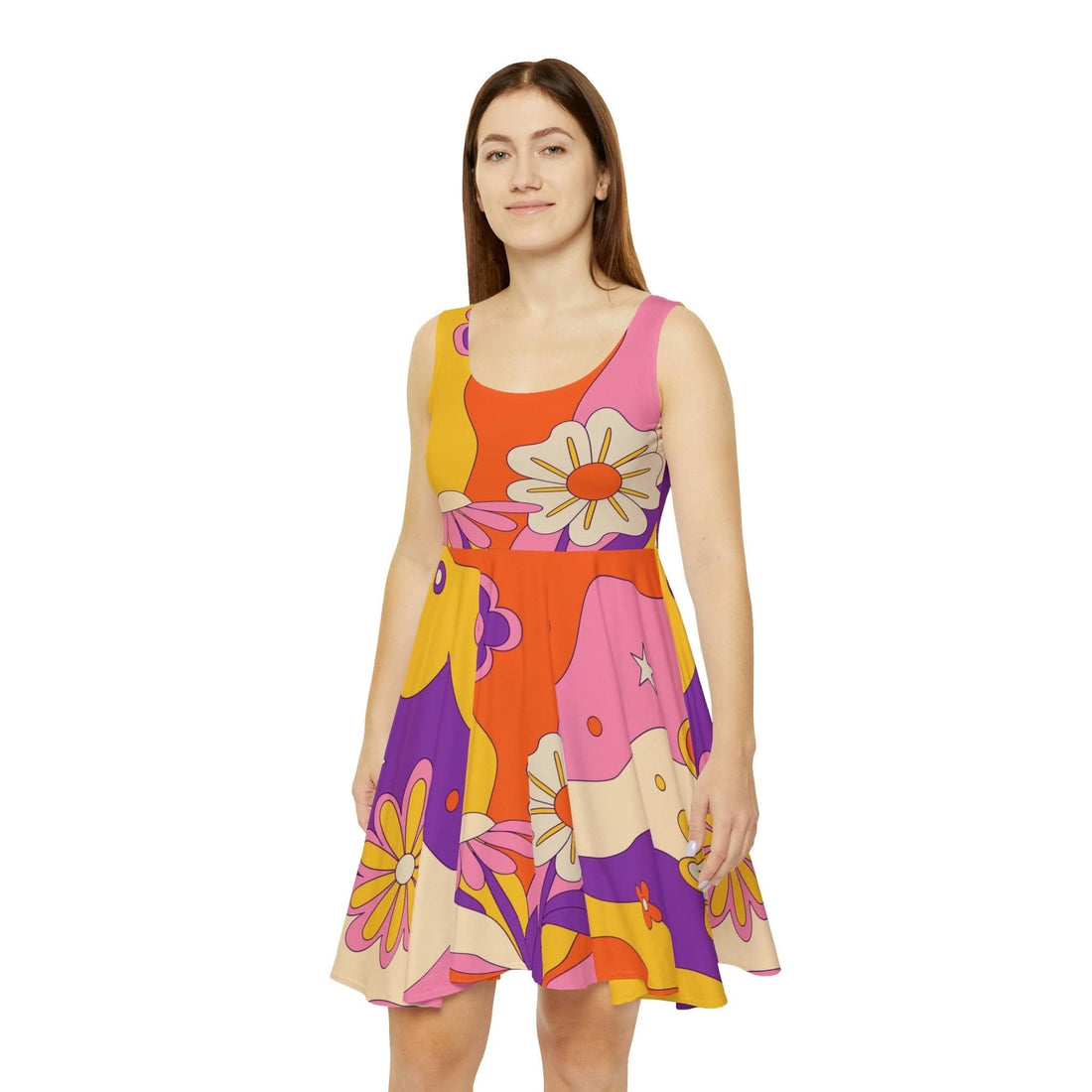 Kate McEnroe New York Retro Mid Century Modern Flower Power Skater Dress in Shades of Beige, Burnt Orange, Mustard Yellow, Purple, PinkDresses28874908967916715646