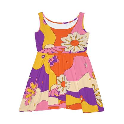 Kate McEnroe New York Retro Mid Century Modern Flower Power Skater Dress in Shades of Beige, Burnt Orange, Mustard Yellow, Purple, PinkDresses33263942173744239738