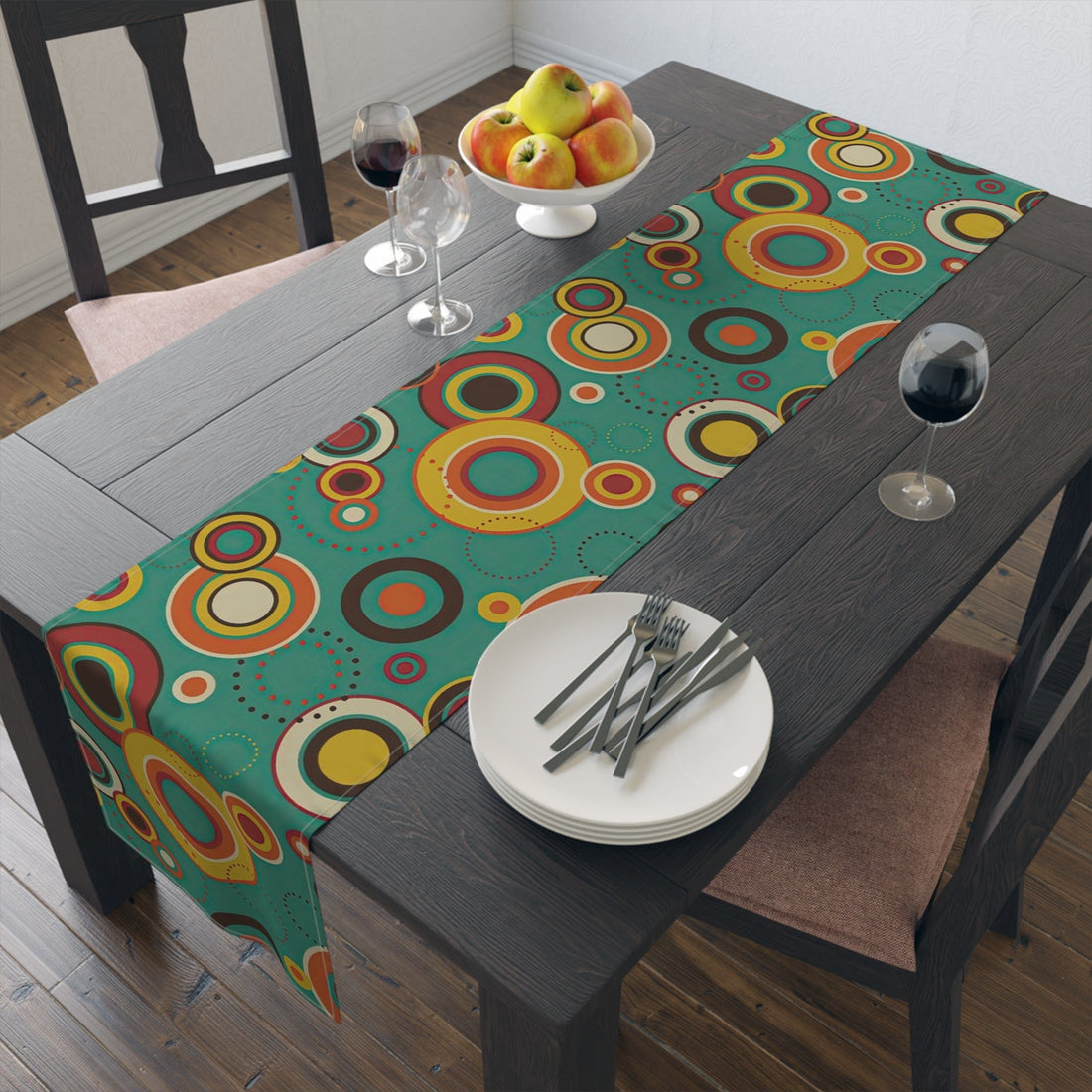 Printify Retro Mid Century Modern Geometric Circles Table Runner, MCM Green, Mustard Yellow, Orange Kitchen Decor, 60s Vintage Style Table Covers Home Decor 16&quot; × 72&quot; / Cotton Twill 16377839155932766053