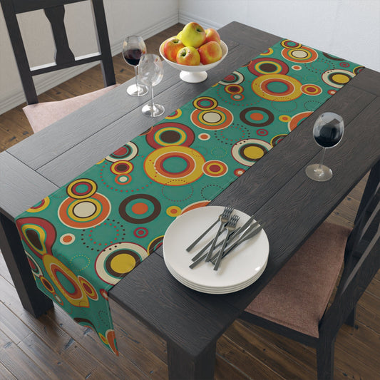 Printify Retro Mid Century Modern Geometric Circles Table Runner, MCM Green, Mustard Yellow, Orange Kitchen Decor, 60s Vintage Style Table Covers Home Decor 16" × 72" / Cotton Twill 16377839155932766053