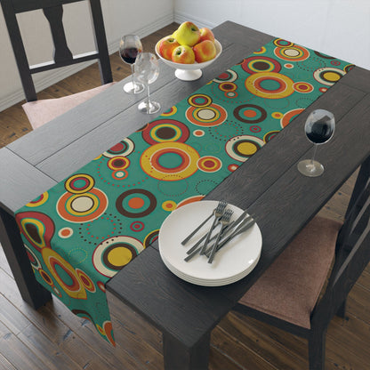 Printify Retro Mid Century Modern Geometric Circles Table Runner, MCM Green, Mustard Yellow, Orange Kitchen Decor, 60s Vintage Style Table Covers Home Decor 16&quot; × 72&quot; / Polyester 18057458375860063979