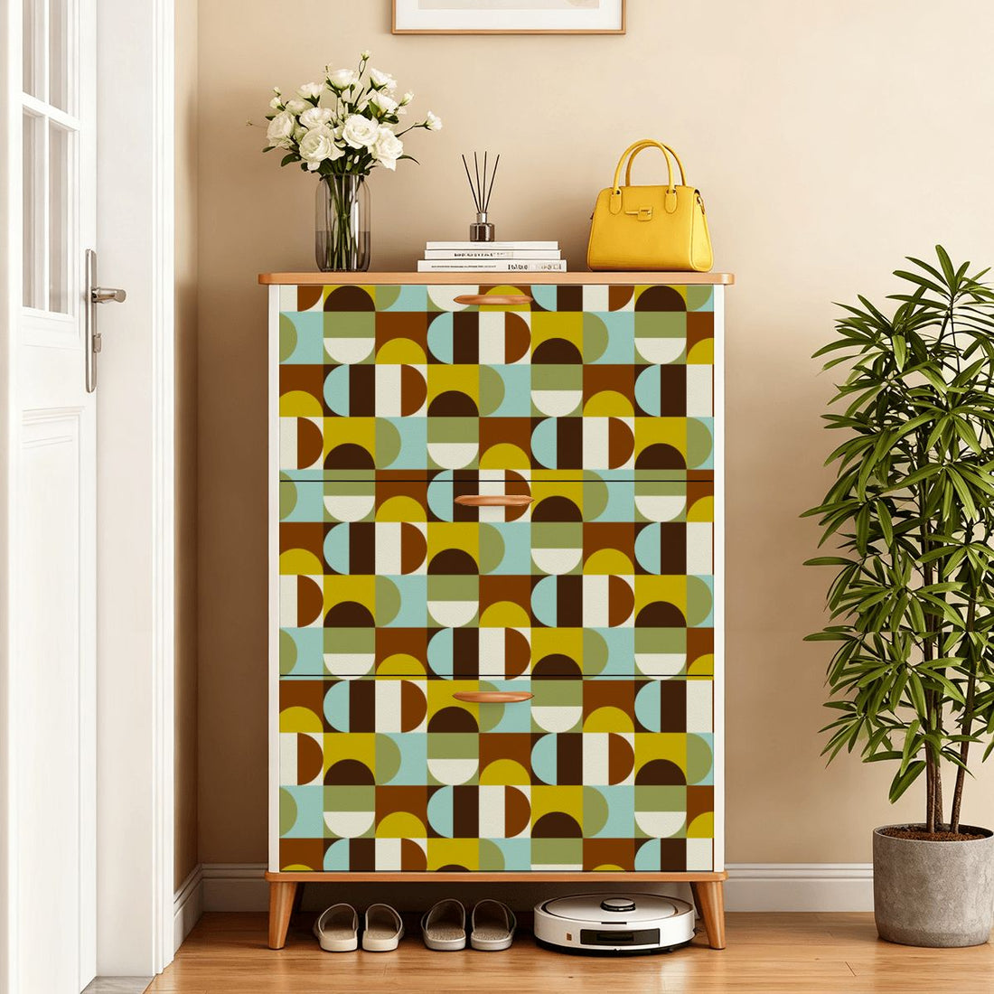 Kate McEnroe New York Retro Mid Century Modern Geometric Shoe Cabinet, MCM Entryway Storage Organizer, 70s Style Mudroom UnitShoe StorageUuOBihflAJ