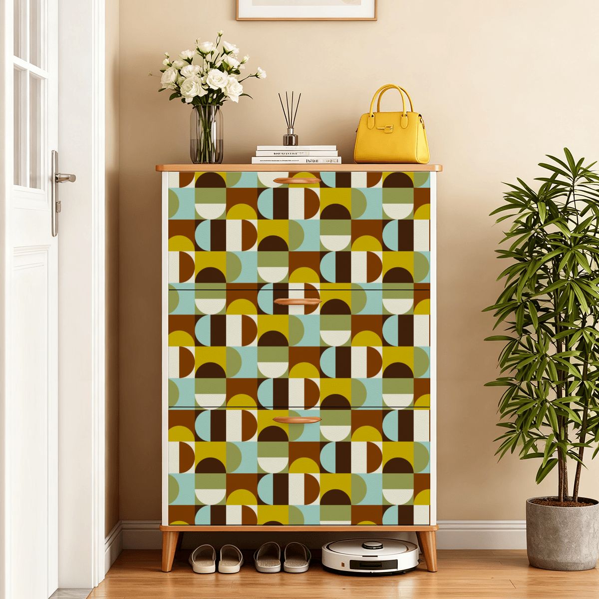 Kate McEnroe New York Retro Mid Century Modern Geometric Shoe Cabinet, MCM Entryway Storage Organizer, 70s Style Mudroom UnitShoe StorageUuOBihflAJ