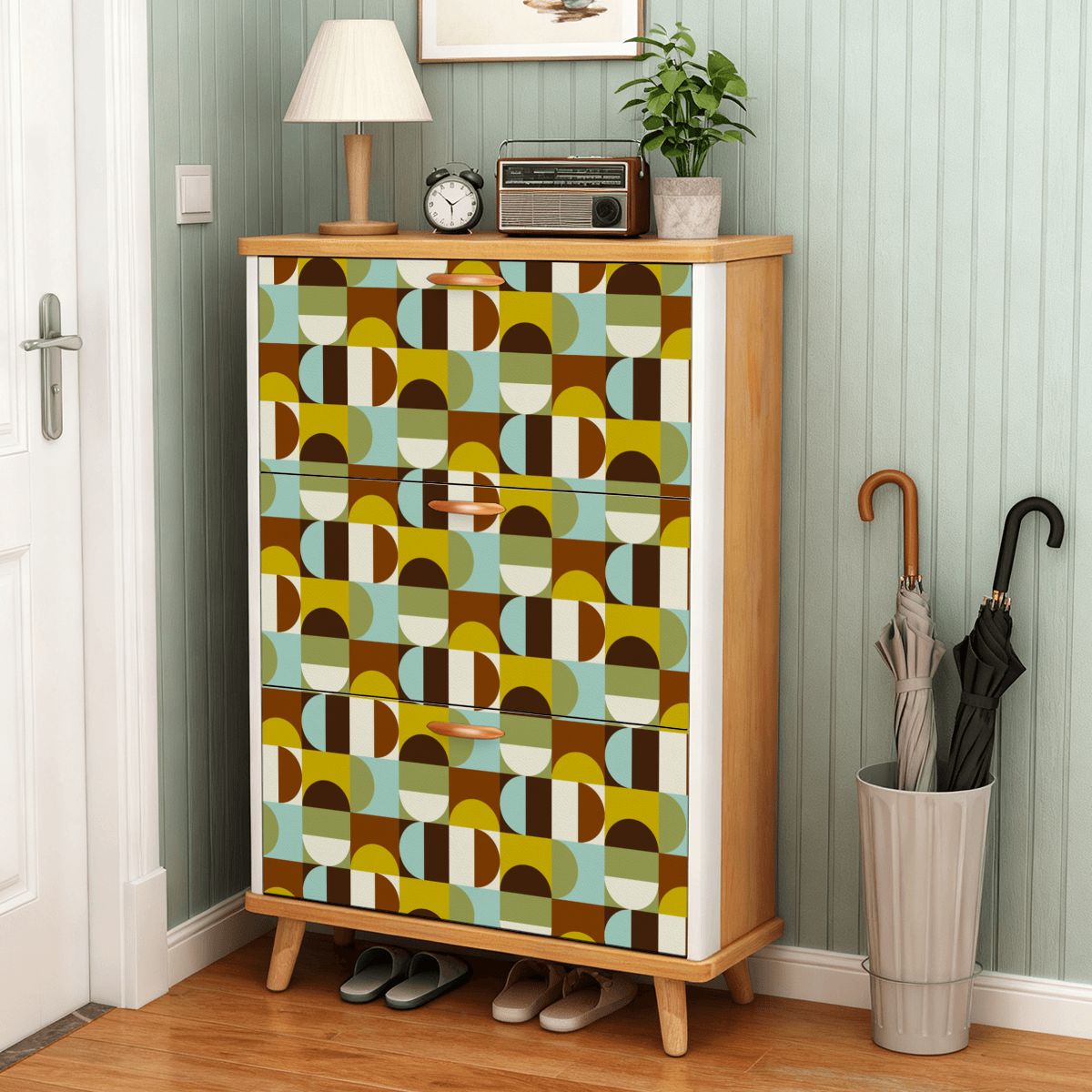 Kate McEnroe New York Retro Mid Century Modern Geometric Shoe Cabinet, MCM Entryway Storage Organizer, 70s Style Mudroom UnitShoe StorageUuOBihflAJ