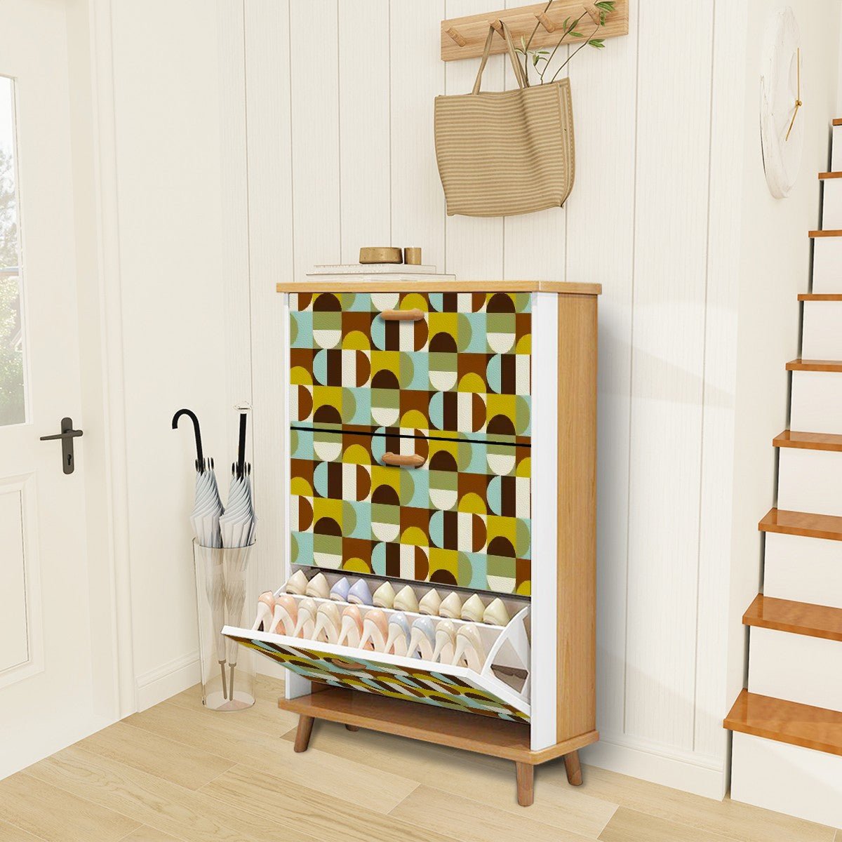 Show Rack Mcm Design Retro Mid Century Modern Geometric Shoe Cabinet, MCM Entryway Storage ...