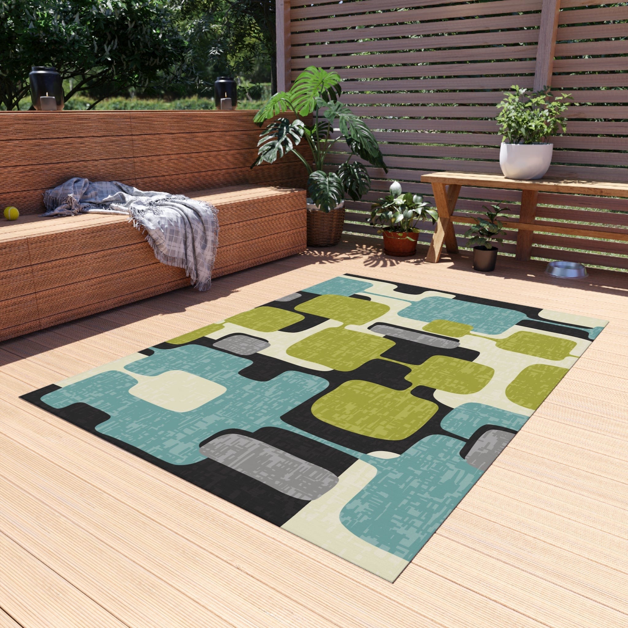 Kate McEnroe New York Retro Mid Century Modern Indoor - Outdoor Area Rug, MCM Teal, Lime Green, Gray, Cream Geometric Abstract Porch Patio Accent RugRugs22668449102686837386