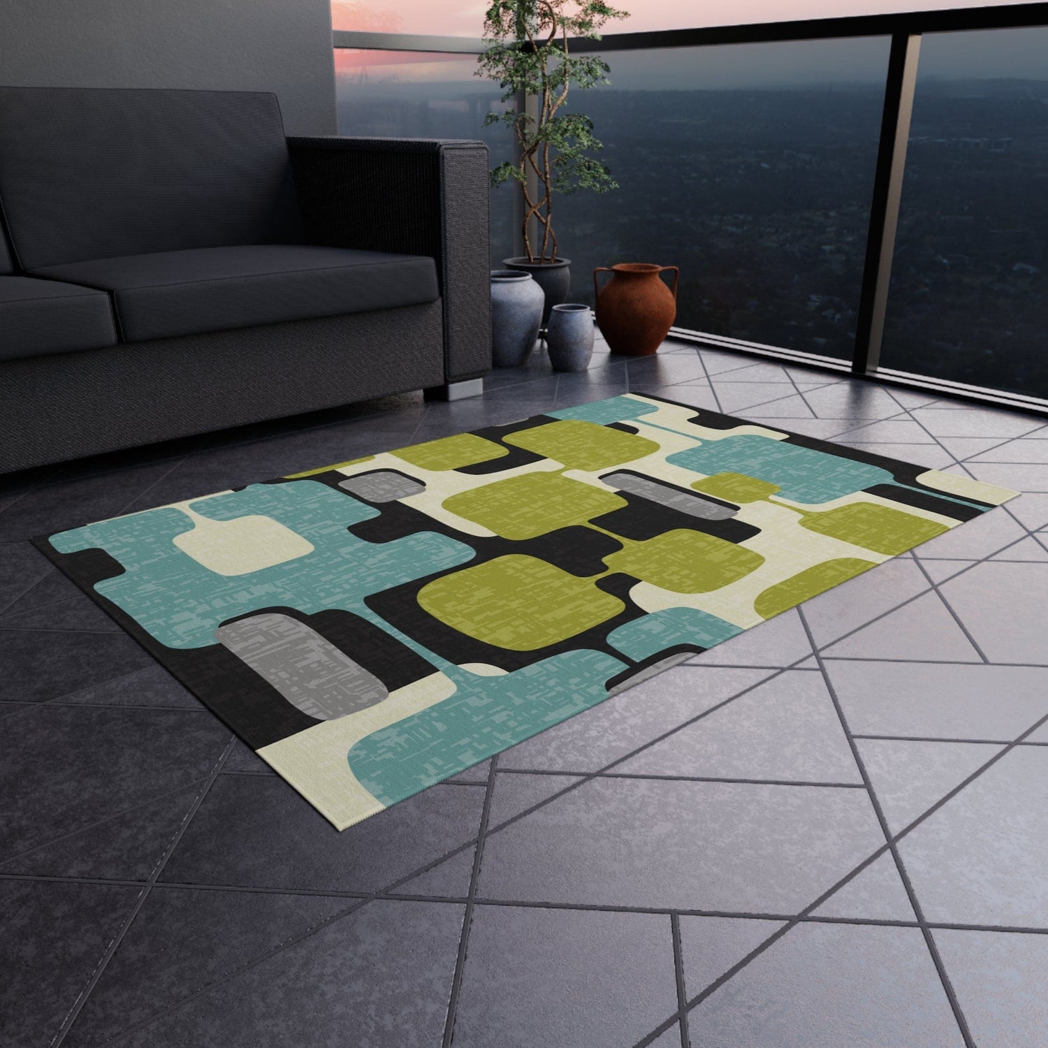 Kate McEnroe New York Retro Mid Century Modern Indoor - Outdoor Area Rug, MCM Teal, Lime Green, Gray, Cream Geometric Abstract Porch Patio Accent RugRugs22668449102686837386