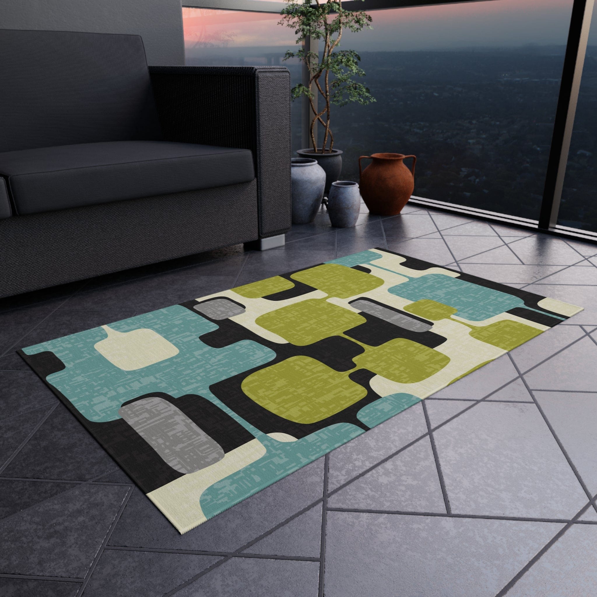 Kate McEnroe New York Retro Mid Century Modern Indoor - Outdoor Area Rug, MCM Teal, Lime Green, Gray, Cream Geometric Abstract Porch Patio Accent RugRugs22668449102686837386