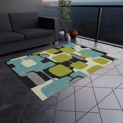 Kate McEnroe New York Retro Mid Century Modern Indoor - Outdoor Area Rug, MCM Teal, Lime Green, Gray, Cream Geometric Abstract Porch Patio Accent RugRugs22668449102686837386