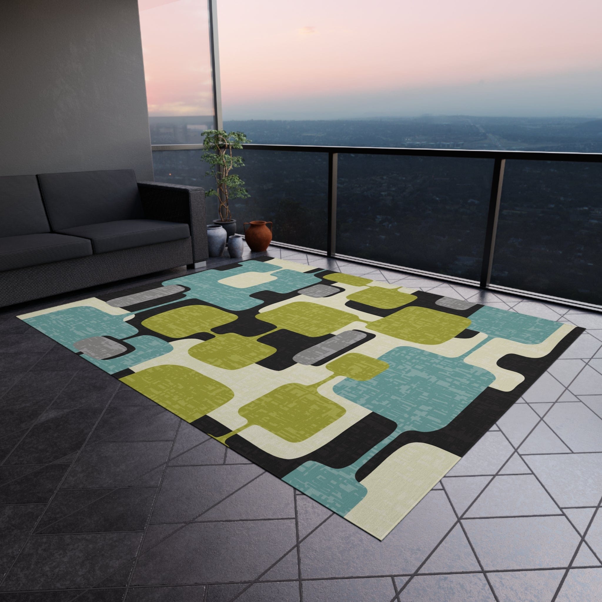 Kate McEnroe New York Retro Mid Century Modern Indoor - Outdoor Area Rug, MCM Teal, Lime Green, Gray, Cream Geometric Abstract Porch Patio Accent RugRugs22668449102686837386