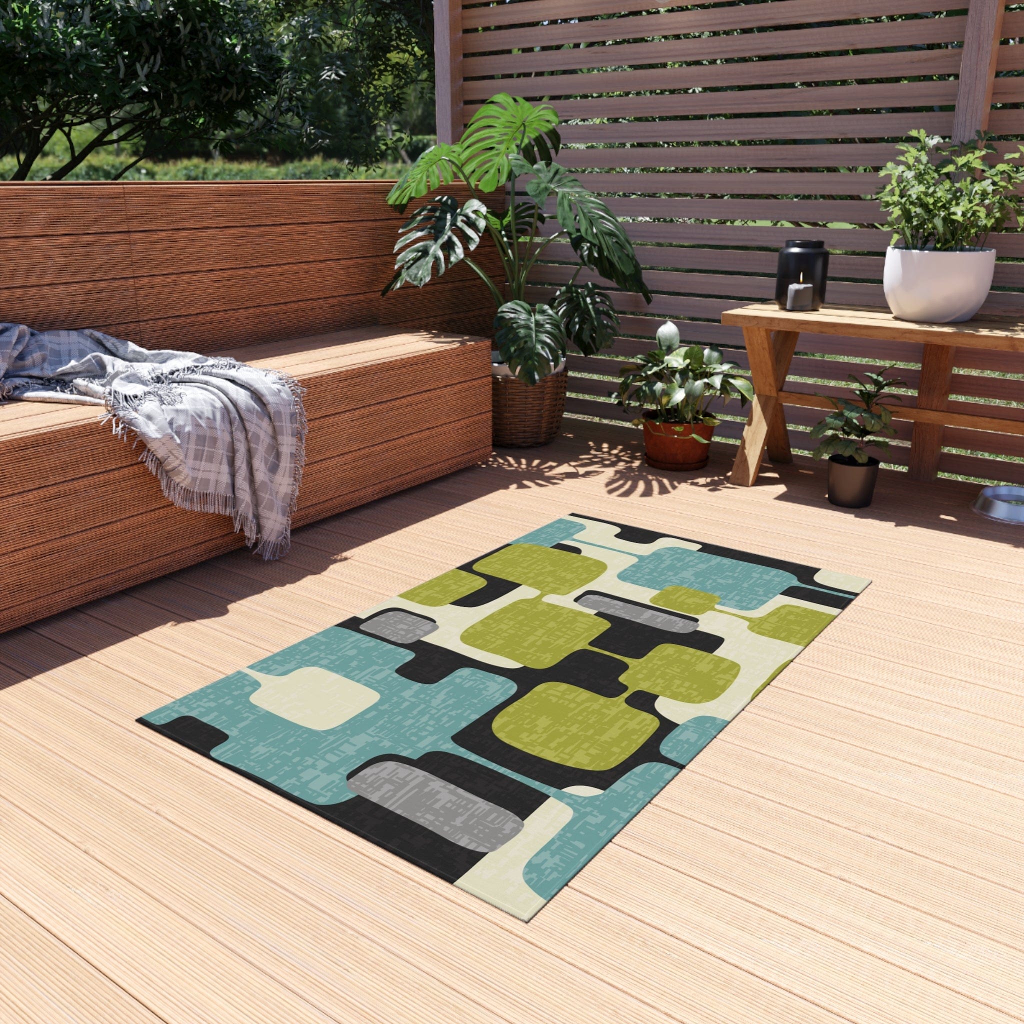 Kate McEnroe New York Retro Mid Century Modern Indoor - Outdoor Area Rug, MCM Teal, Lime Green, Gray, Cream Geometric Abstract Porch Patio Accent RugRugs33111085533671794130