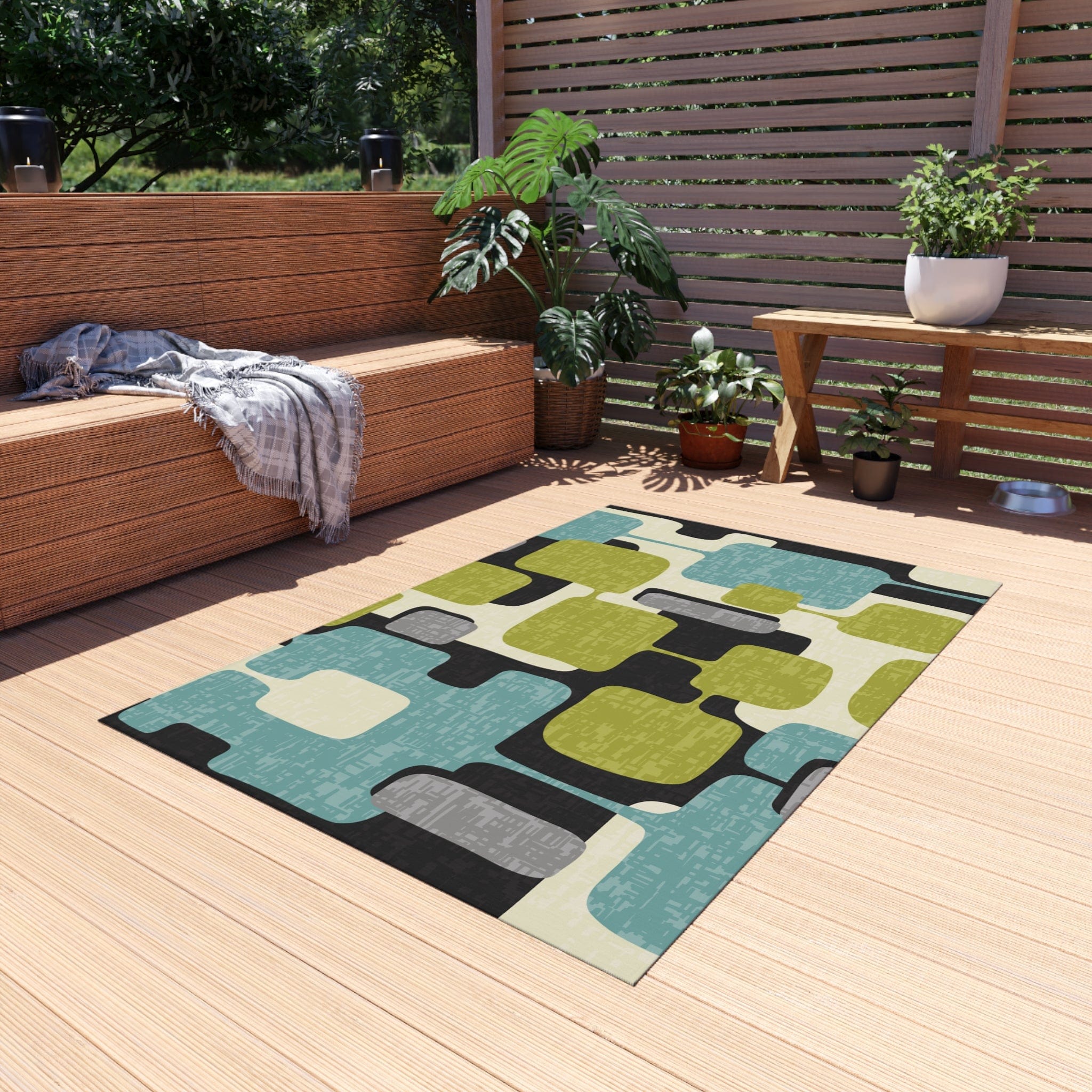 Kate McEnroe New York Retro Mid Century Modern Indoor - Outdoor Area Rug, MCM Teal, Lime Green, Gray, Cream Geometric Abstract Porch Patio Accent RugRugs90187581198179771243