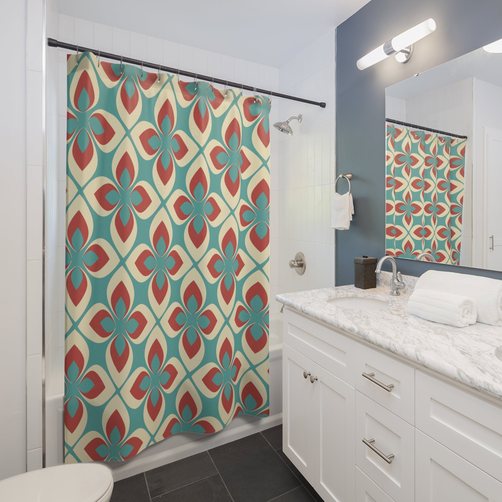 Kate McEnroe New York Retro Mid Century Modern Mod Floral Shower Curtain, 50s Teal Red Cream Bath DecorShower Curtains13441298730232591263