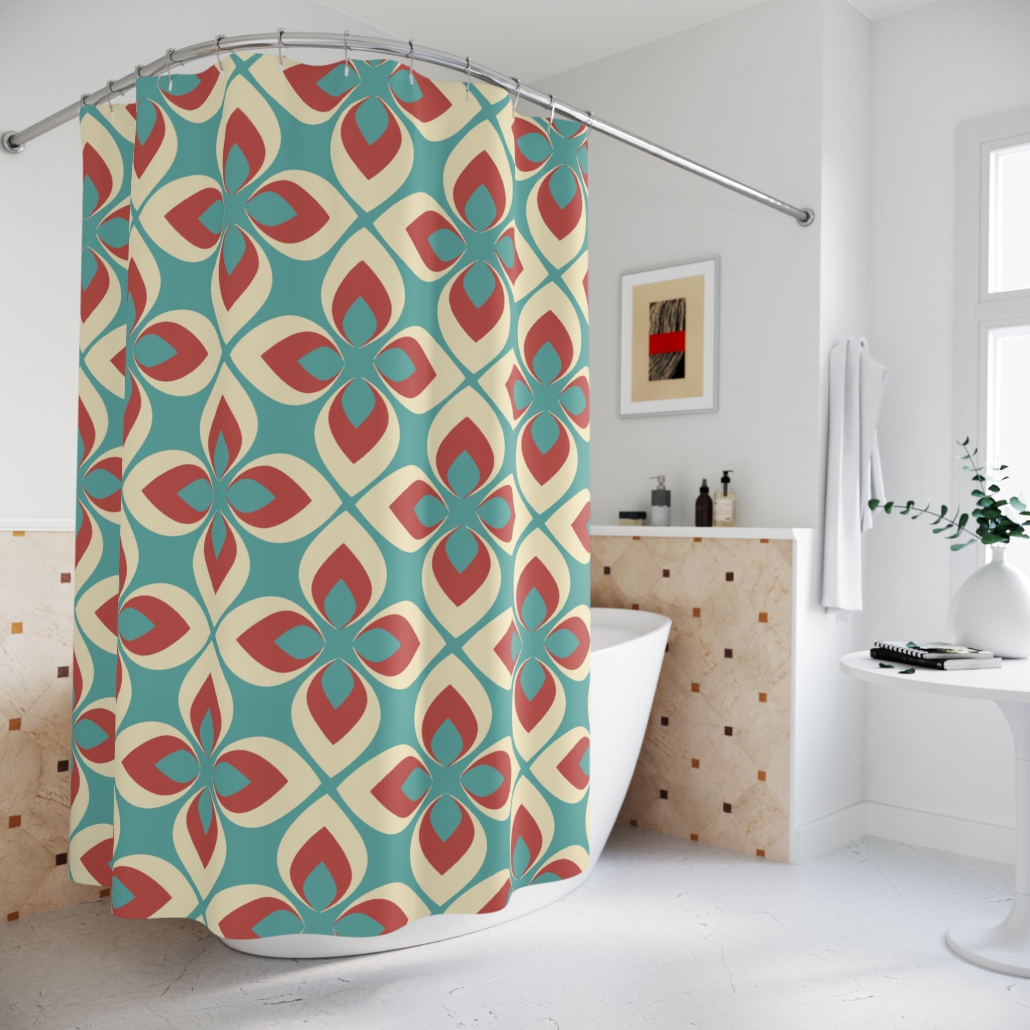 Kate McEnroe New York Retro Mid Century Modern Mod Floral Shower Curtain, 50s Teal Red Cream Bath DecorShower Curtains13441298730232591263