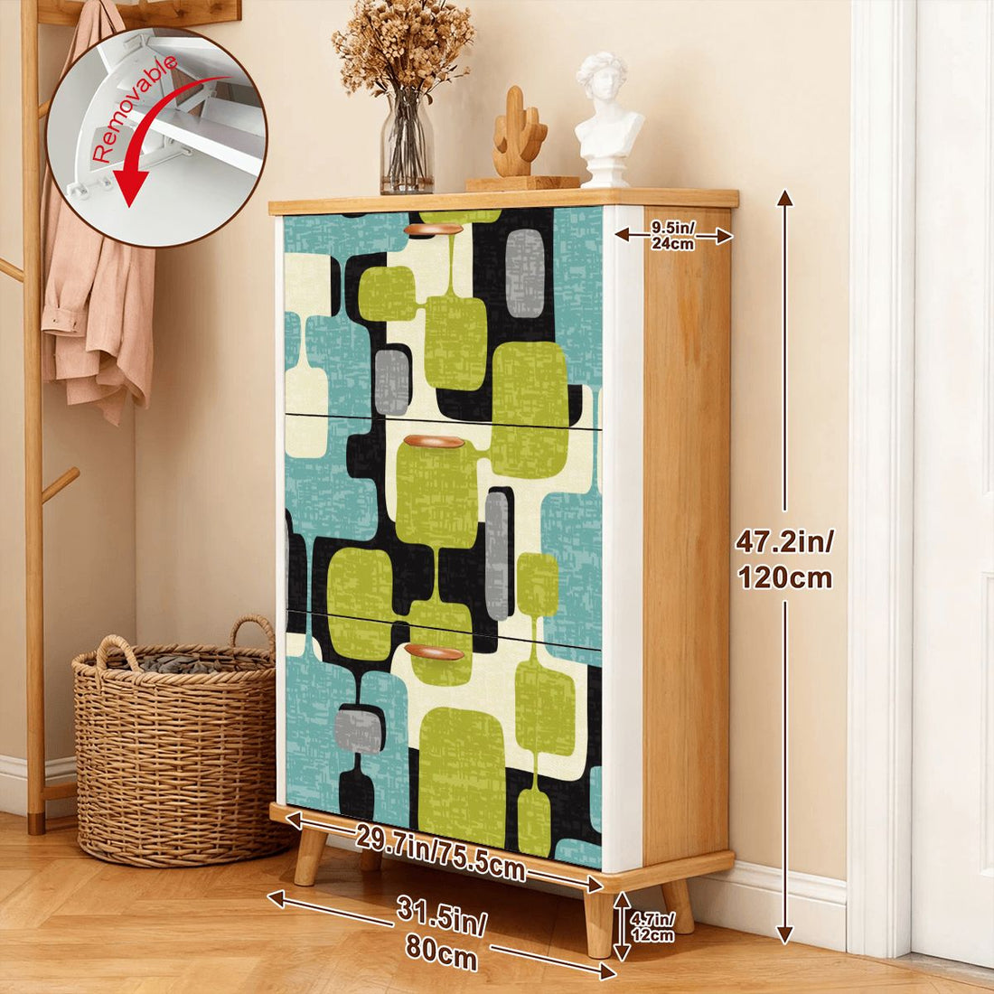 Kate McEnroe New York Retro Mid Century Modern Shoe Cabinet, Geometric Green Blue Black Storage Unit, MCM Entryway OrganizerShoe Storage2DhVZqOHXF
