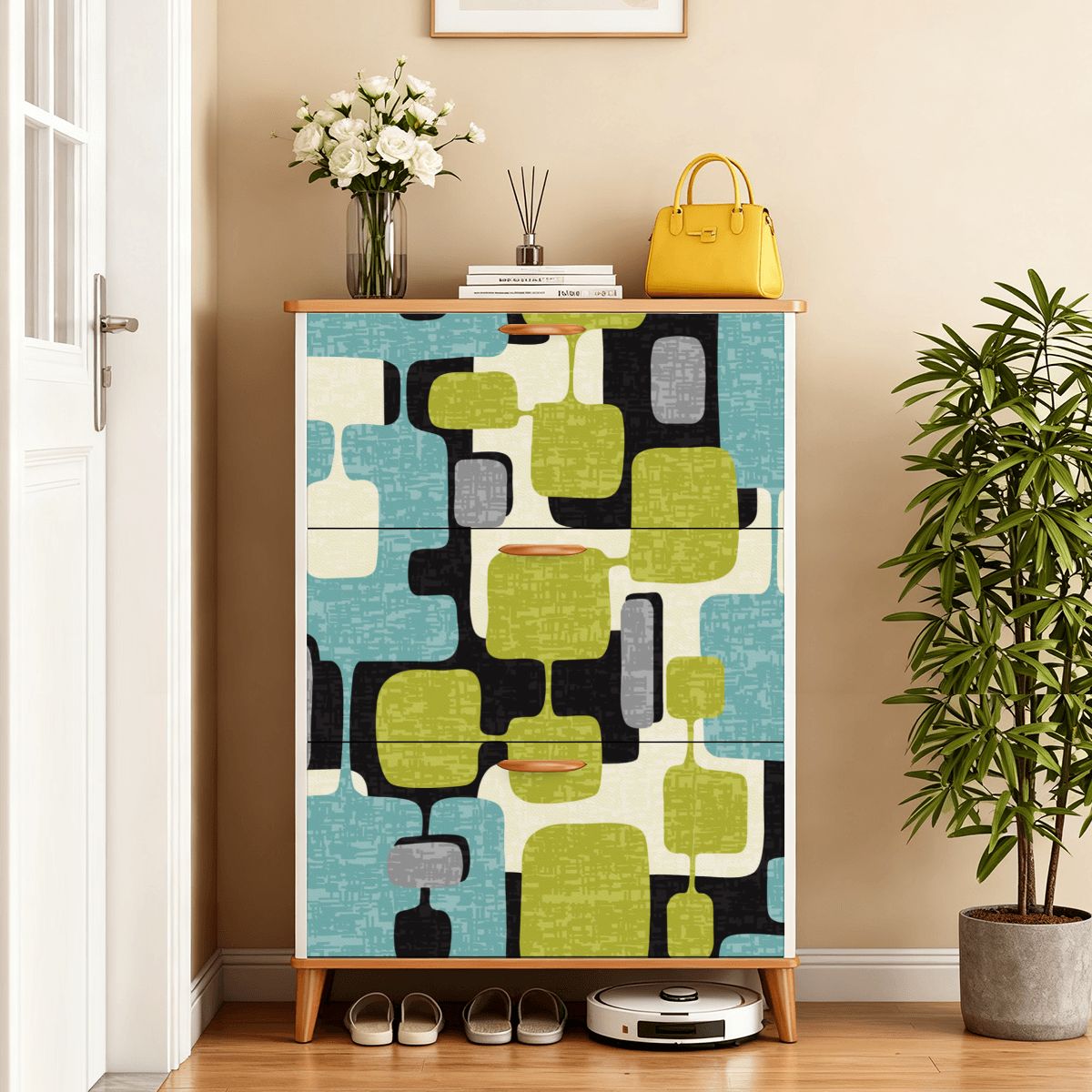 Kate McEnroe New York Retro Mid Century Modern Shoe Cabinet, Geometric Green Blue Black Storage Unit, MCM Entryway OrganizerShoe Storage2DhVZqOHXF