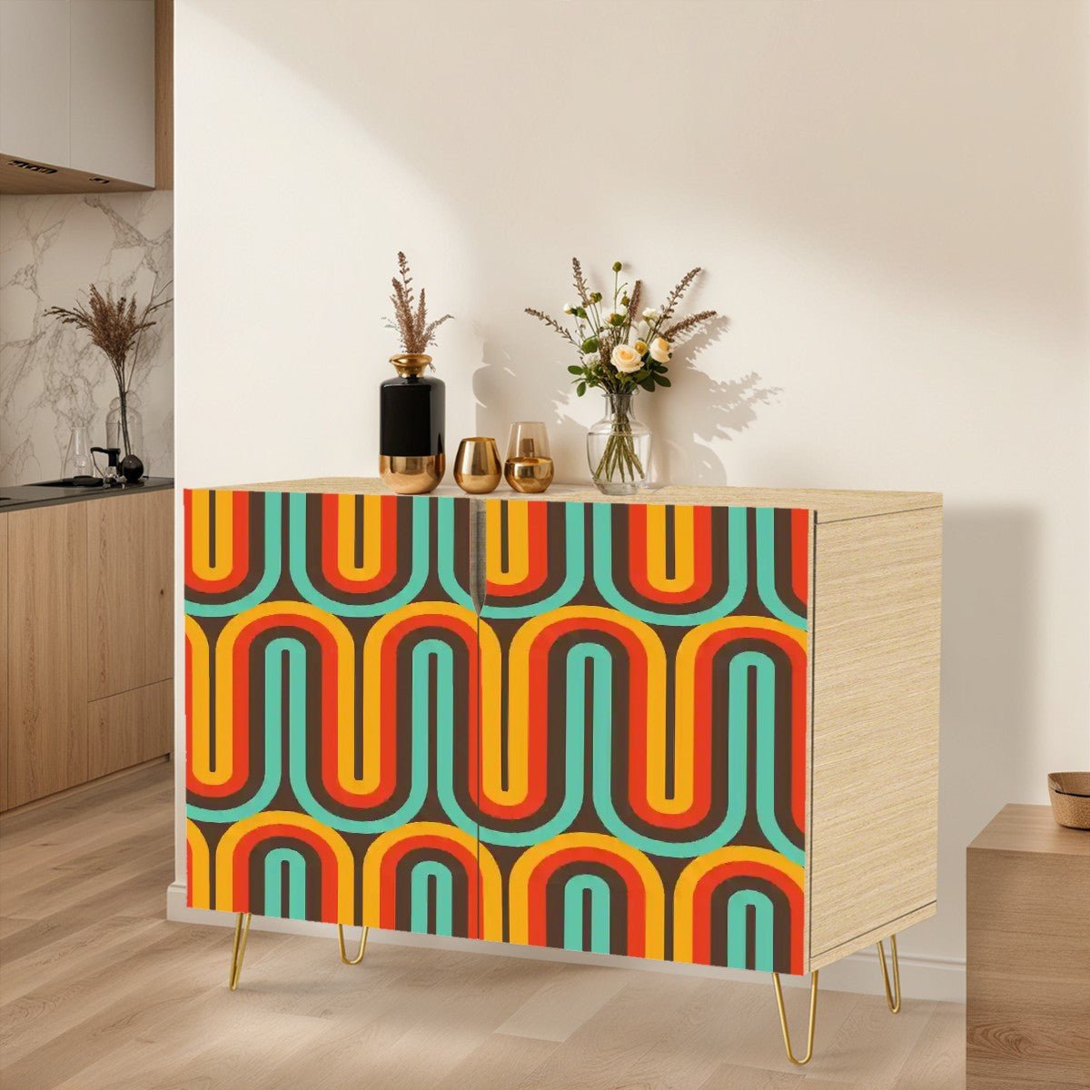 Kate McEnroe New York Retro Mid Century Modern Sideboard, 70s Groovy Geometric Storage Cabinet, MCM CredenzaStorage CabinetsJ2Qx8c9kpv