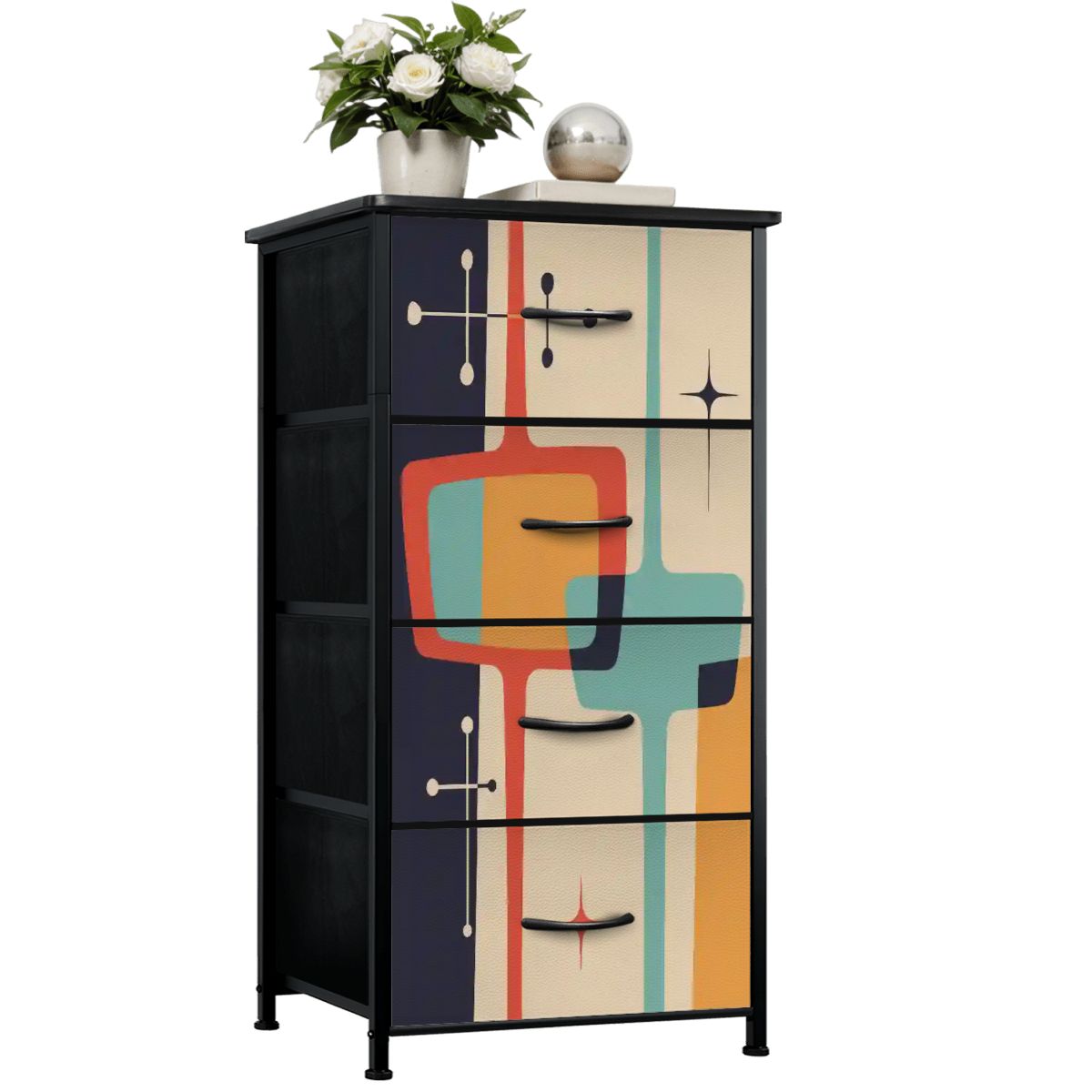Kate McEnroe New York Retro Mid Century Modern Tall Drawer Chest, Atomic Starburst Storage Cabinet, Geometric MCM Accent DresserDressersHyojifkudT