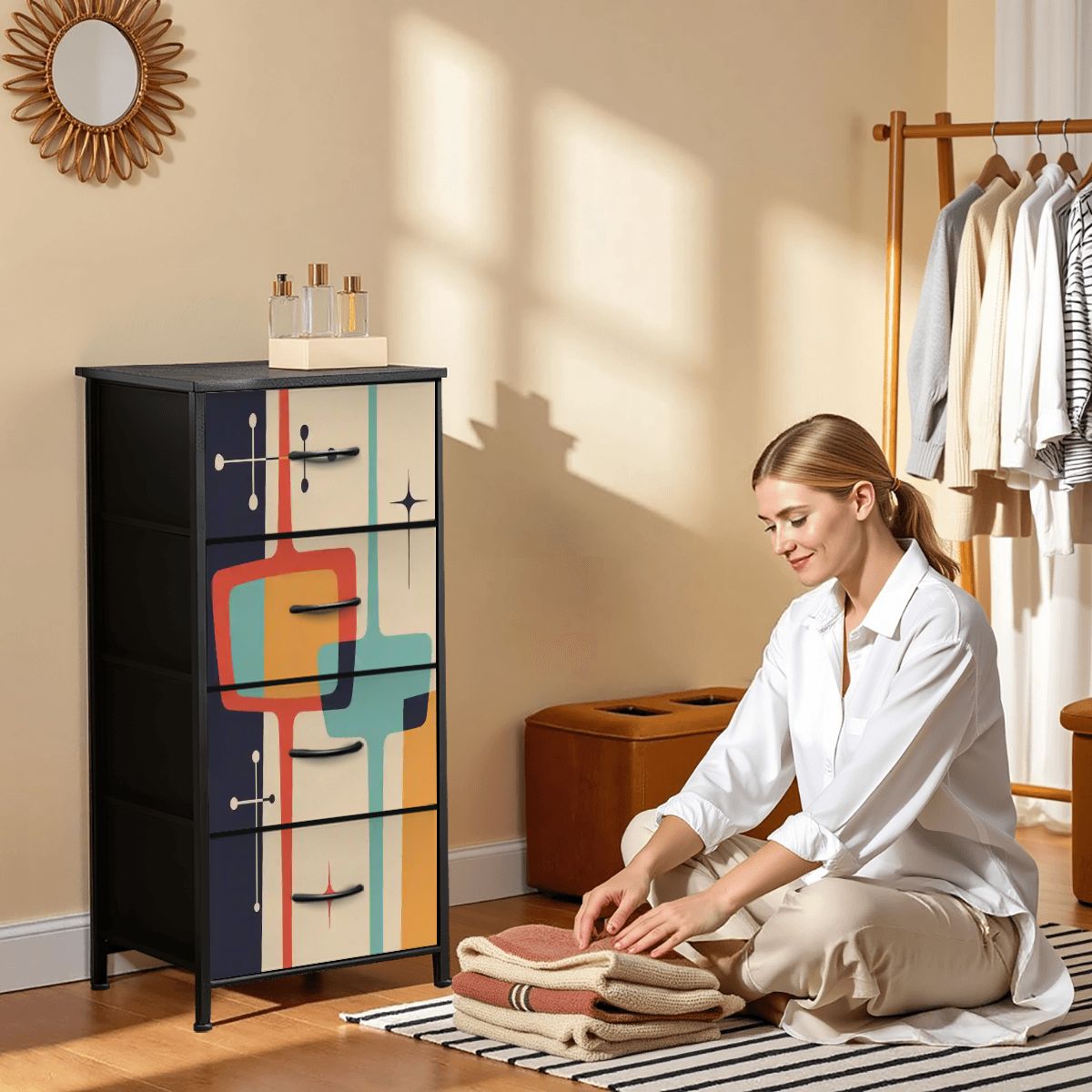 Kate McEnroe New York Retro Mid Century Modern Tall Drawer Chest, Atomic Starburst Storage Cabinet, Geometric MCM Accent DresserDressersHyojifkudT