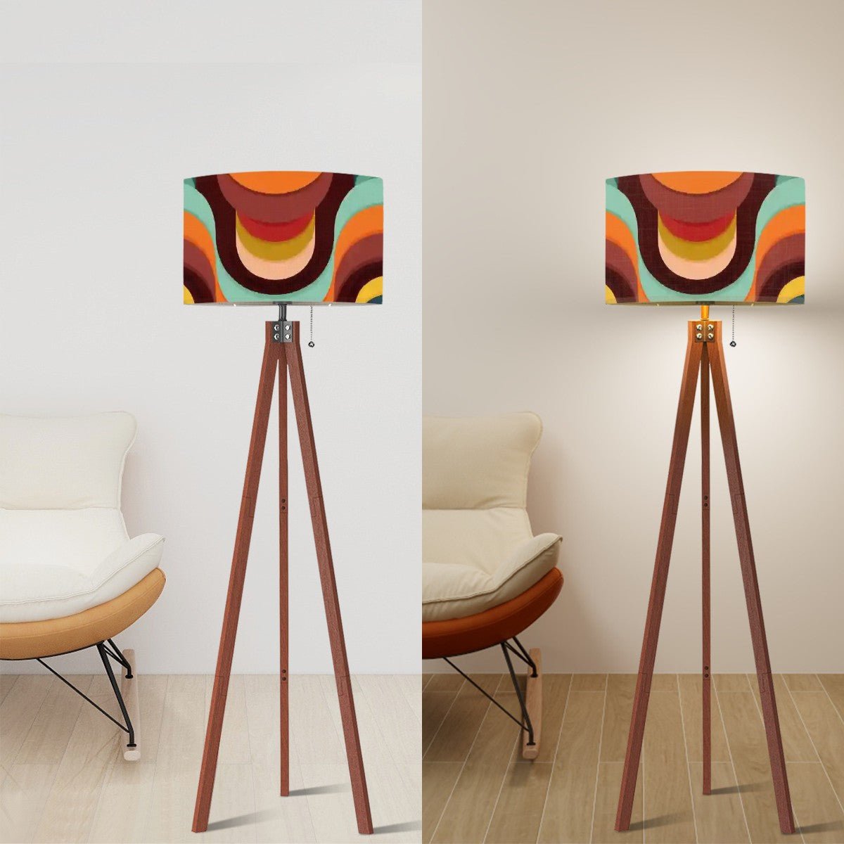 Kate McEnroe New York Retro Mid Century Modern Tripod Floor Lamp, 70s Groovy Waves Drum ShadeFloor Lamps36s7PA4CiK