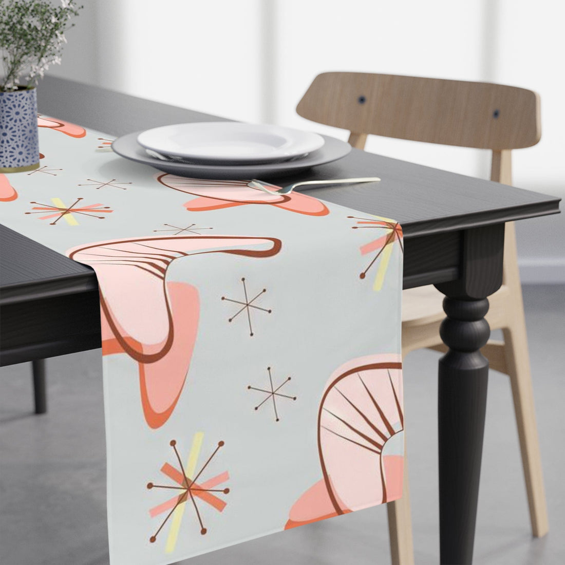Kate McEnroe New York Retro Mid Mod Atomic Boomerang Starbursts Table Runner, MCM Blue, Coral Table Linens, 1950s Vintage Kitchen DecorTable Runners23855777557876160500