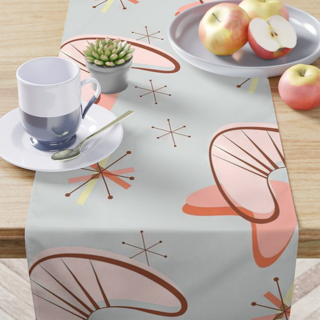 Kate McEnroe New York Retro Mid Mod Atomic Boomerang Starbursts Table Runner, MCM Blue, Coral Table Linens, 1950s Vintage Kitchen DecorTable Runners23855777557876160500