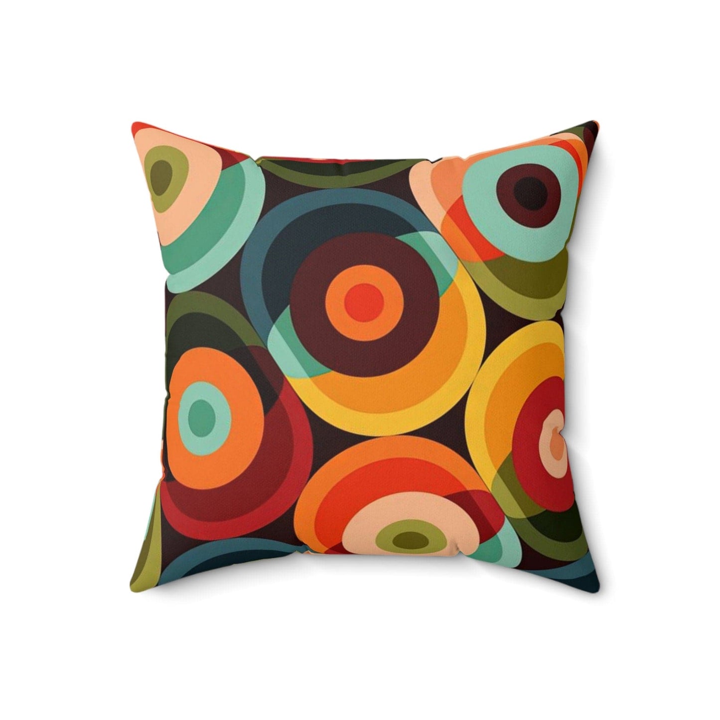 Kate McEnroe New York Retro Mid Mod Geo-Psychedelic Circles Throw Pillow, MCM Teal Orange, Yellow, Red Abstract Living Room, Bedroom Accent Pillow - 131282623 Throw Pillows