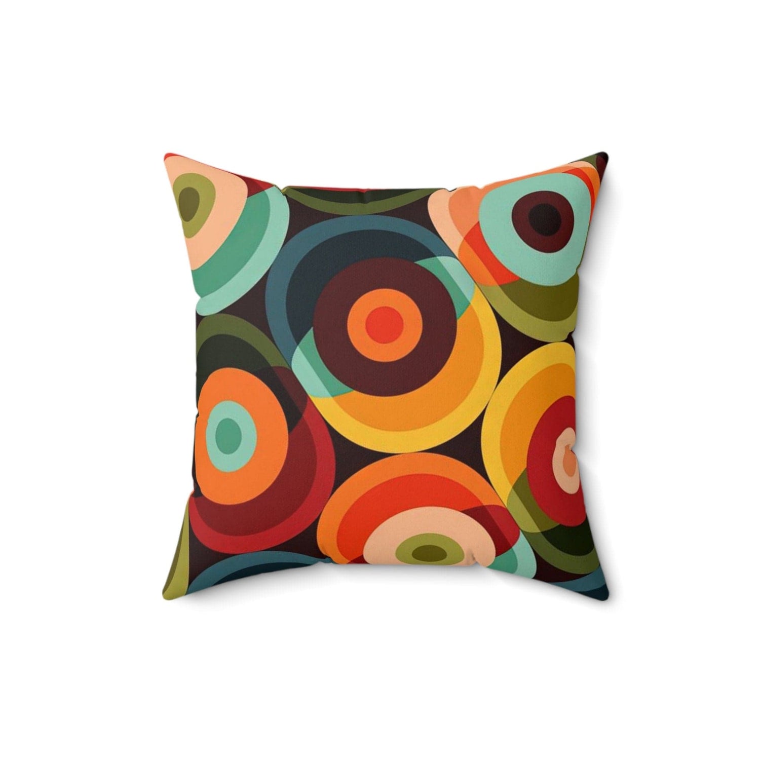 Kate McEnroe New York Retro Mid Mod Geo - Psychedelic Circles Throw Pillow, MCM Teal Orange, Yellow, Red Abstract Living Room, Bedroom Accent Pillow - 131282623Throw Pillows26154032508783369027