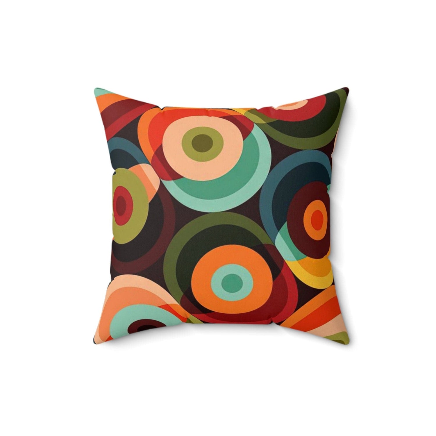 Kate McEnroe New York Retro Mid Mod Geo - Psychedelic Circles Throw Pillow, MCM Teal Orange, Yellow, Red Abstract Living Room, Bedroom Accent Pillow - 131282623Throw Pillows26154032508783369027