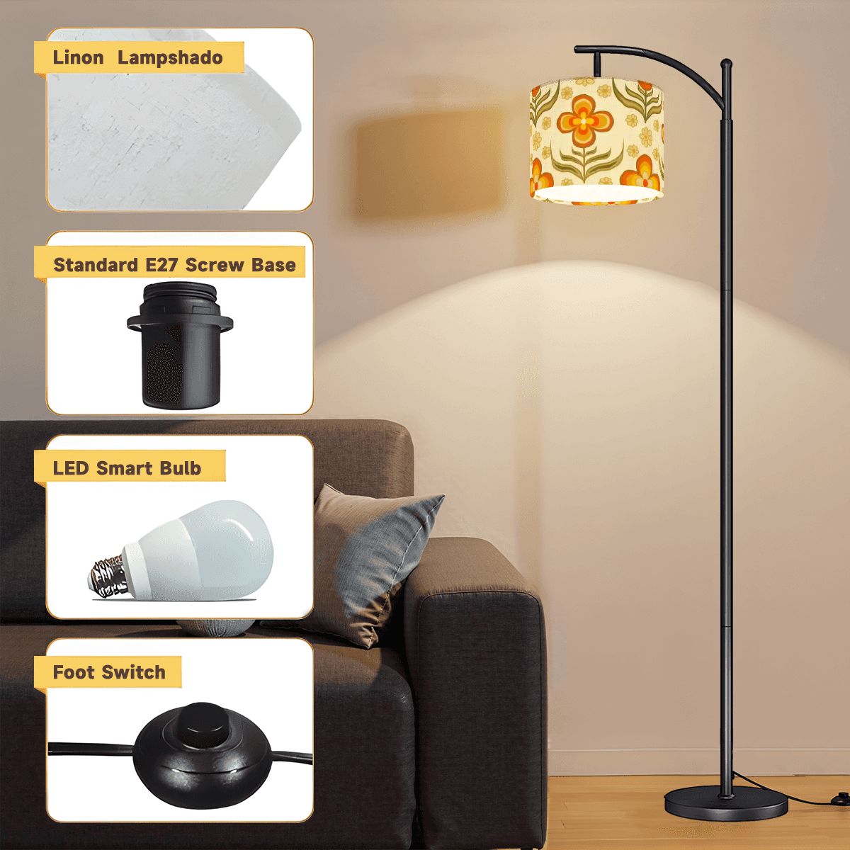 Kate McEnroe New York Retro Mod 70s Floral Arc Floor Lamp, Mid Century Modern Lighting AccentArc Floor LampsWCVgSOOAK6