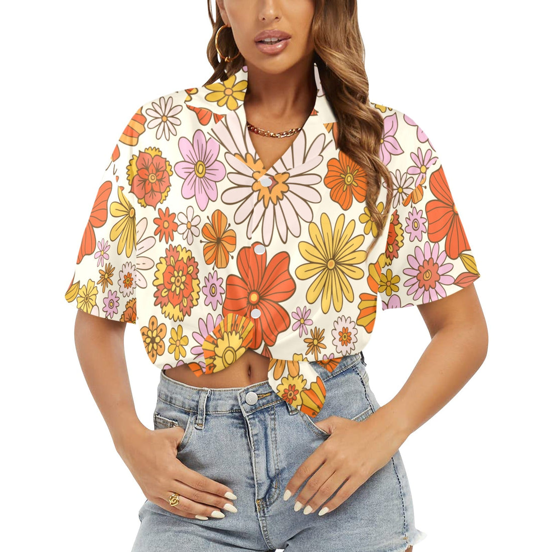 Kate McEnroe New York Retro Mod Floral Hawaiian Shirt, 60s Daisy Print Button - Up, Groovy Summer Vacation ShirtWomen&
