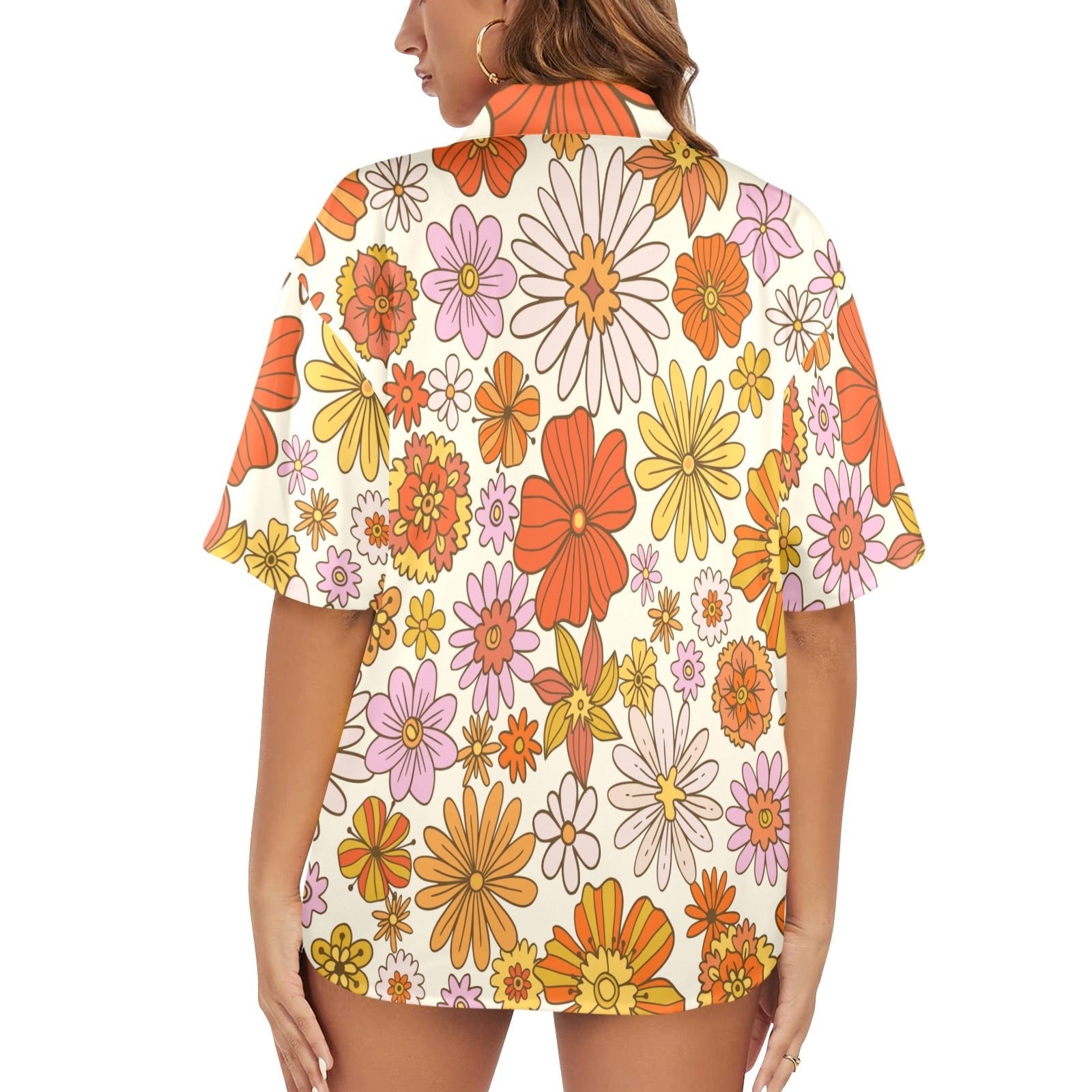 Kate McEnroe New York Retro Mod Floral Hawaiian Shirt, 60s Daisy Print Button - Up, Groovy Summer Vacation ShirtWomen&