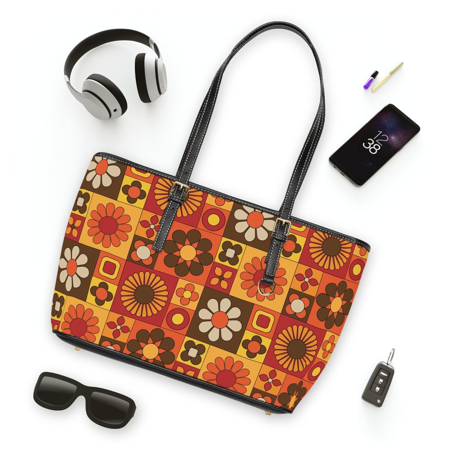 Retro Mod Floral Tote Bag, Mid Century Modern 70s Patchwork