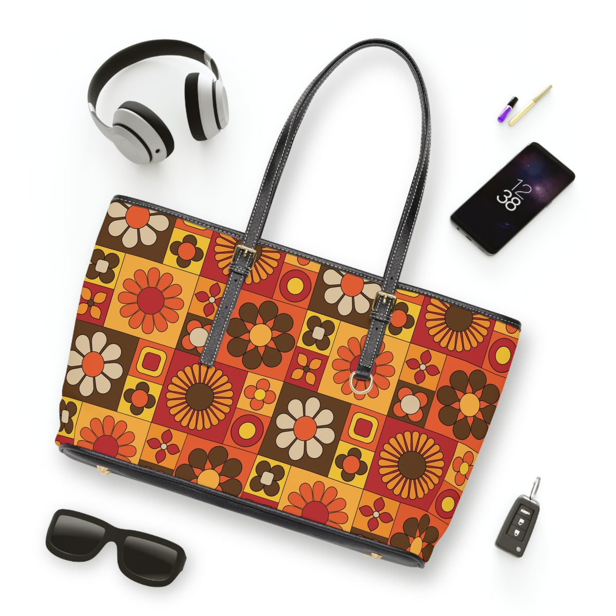 Kate McEnroe New York Retro Mod Floral Tote Bag, Mid Century Modern 70s Patchwork Handbag, Groovy Kitsch Flower PurseTotes34024588083143069329