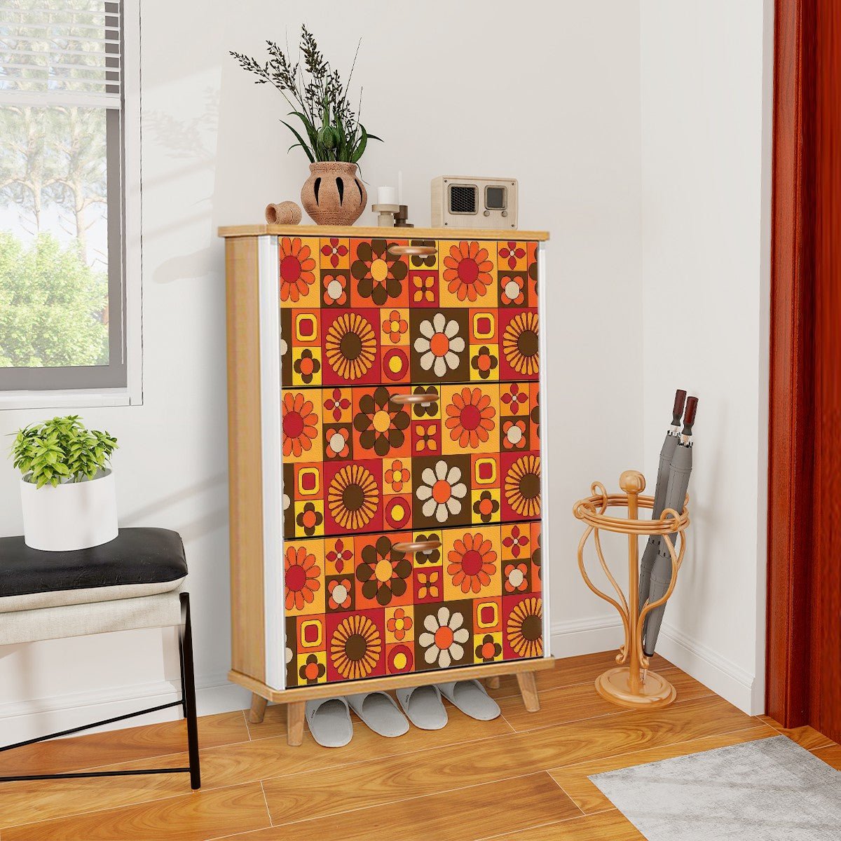 Kate McEnroe New York Retro Mod Flower Power Shoe Cabinet, Mid Century Modern Groovy Storage Organizer, 70s Kitsch Daisy RackShoe StorageUSJSHis2j8