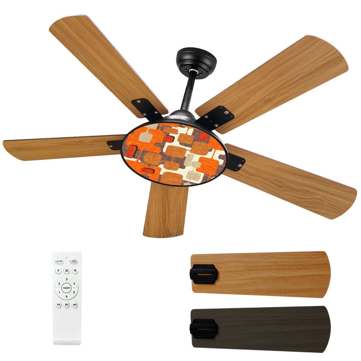 Kate McEnroe New York Retro Mod Geometric Ceiling Fan, 70s Mid Century Modern Orange Brown Light FixtureCeiling FansKNvYn5W2A5
