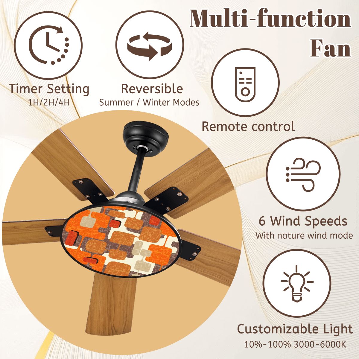 Kate McEnroe New York Retro Mod Geometric Ceiling Fan, 70s Mid Century Modern Orange Brown Light FixtureCeiling FansKNvYn5W2A5