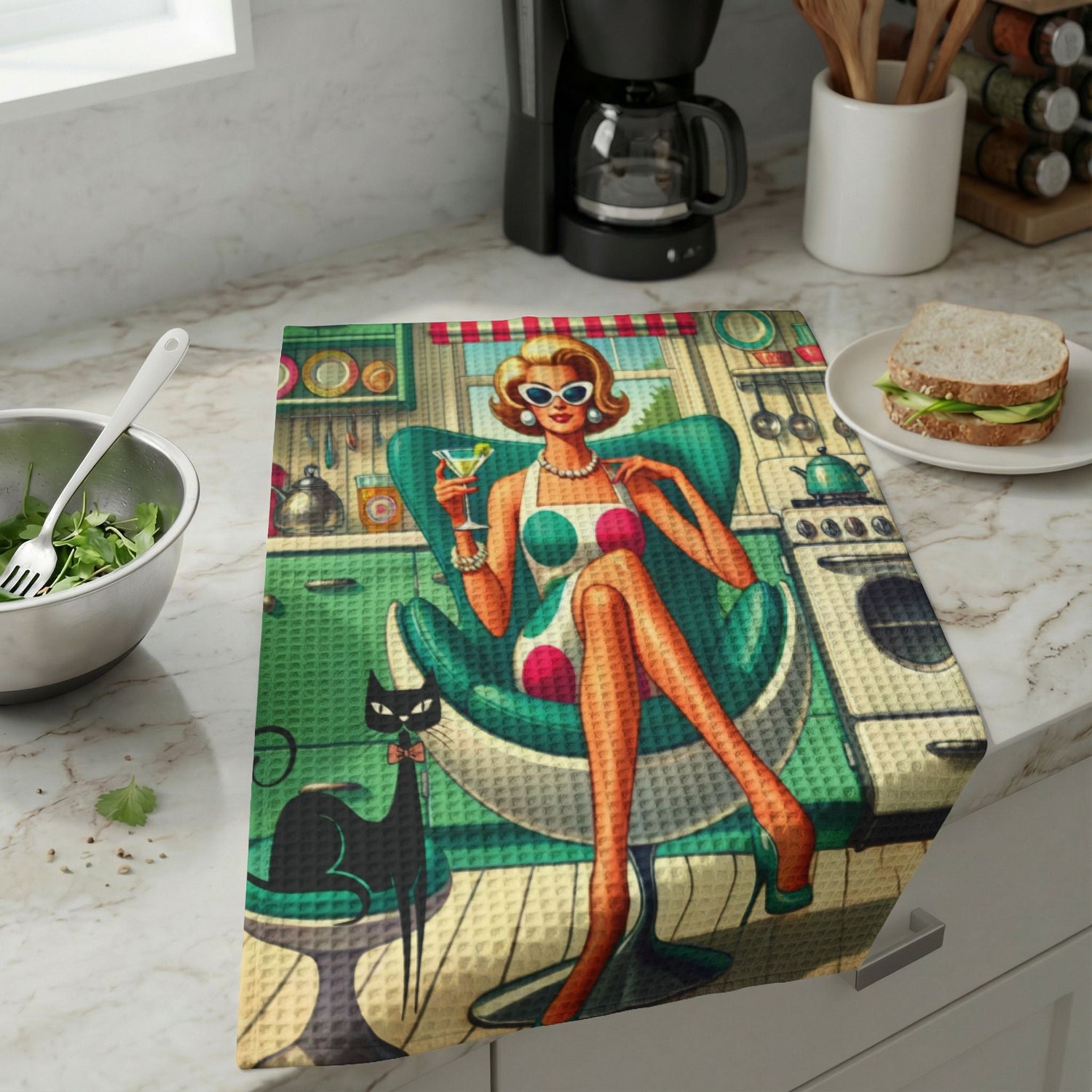 Kate McEnroe New York Retro Mod Housewife Kitchen Towel, Atomic Cat Waffle Weave MCMKitchen Towels19884640786996916983