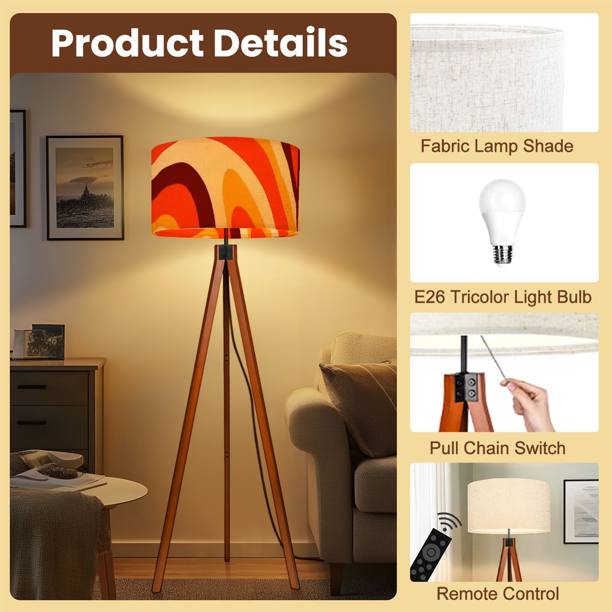 Kate McEnroe New York Retro Mod Psychedelic Tripod Floor Lamp, 70s Groovy Orange Brown LightingFloor LampsIyOCZgAnYY