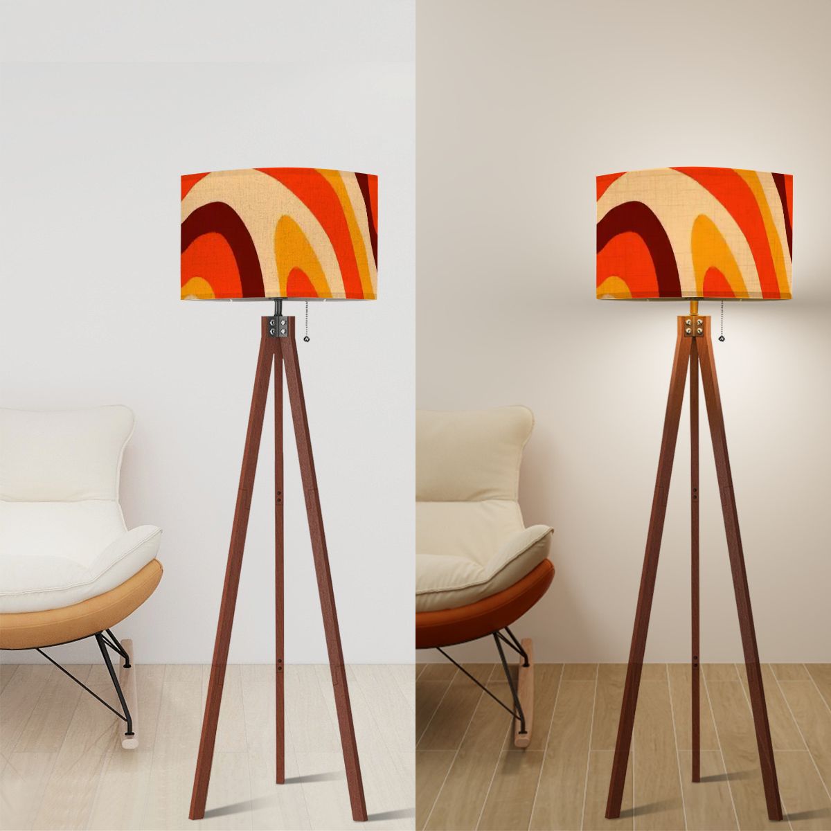 Kate McEnroe New York Retro Mod Psychedelic Tripod Floor Lamp, 70s Groovy Orange Brown LightingFloor LampsIyOCZgAnYY