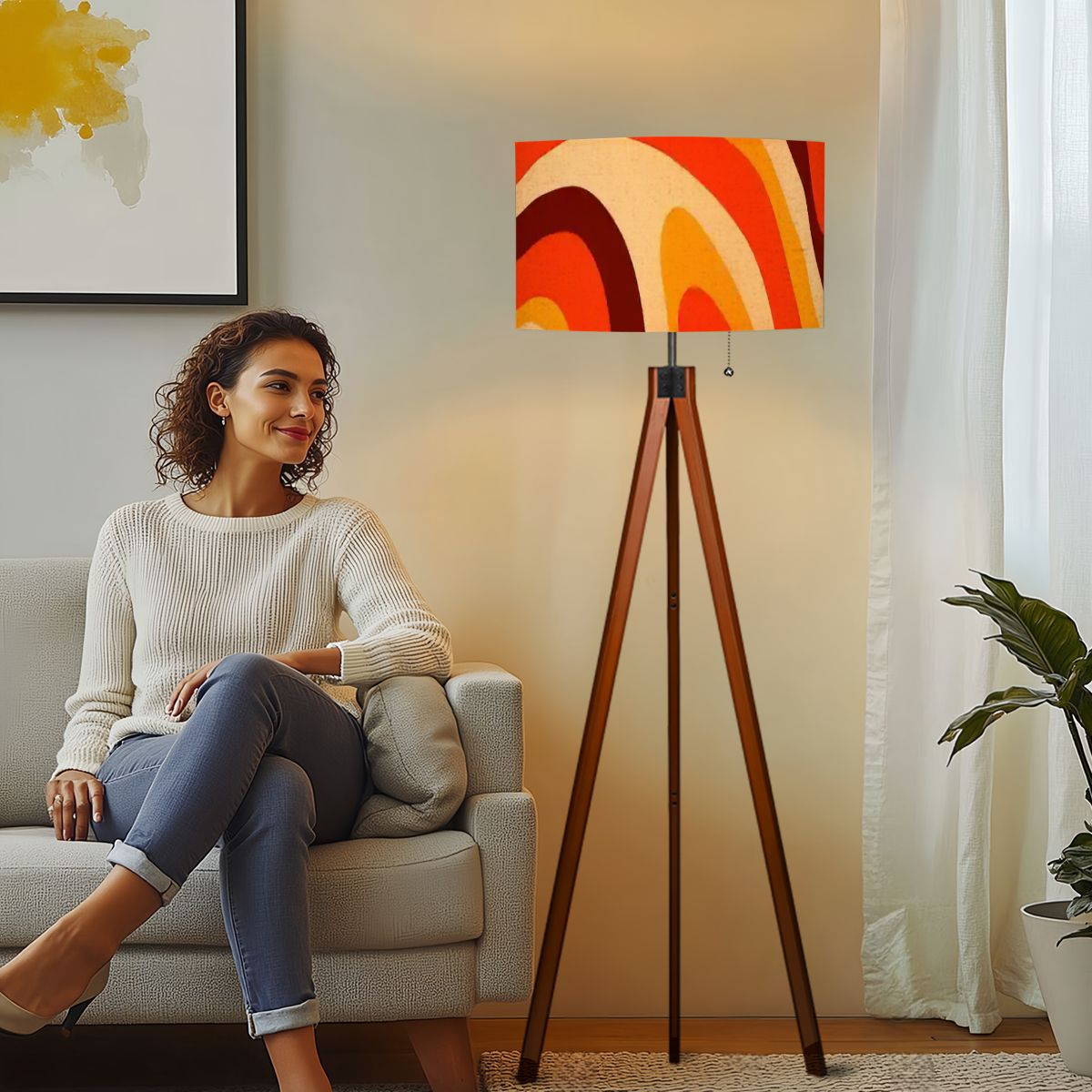 Kate McEnroe New York Retro Mod Psychedelic Tripod Floor Lamp, 70s Groovy Orange Brown LightingFloor LampsIyOCZgAnYY